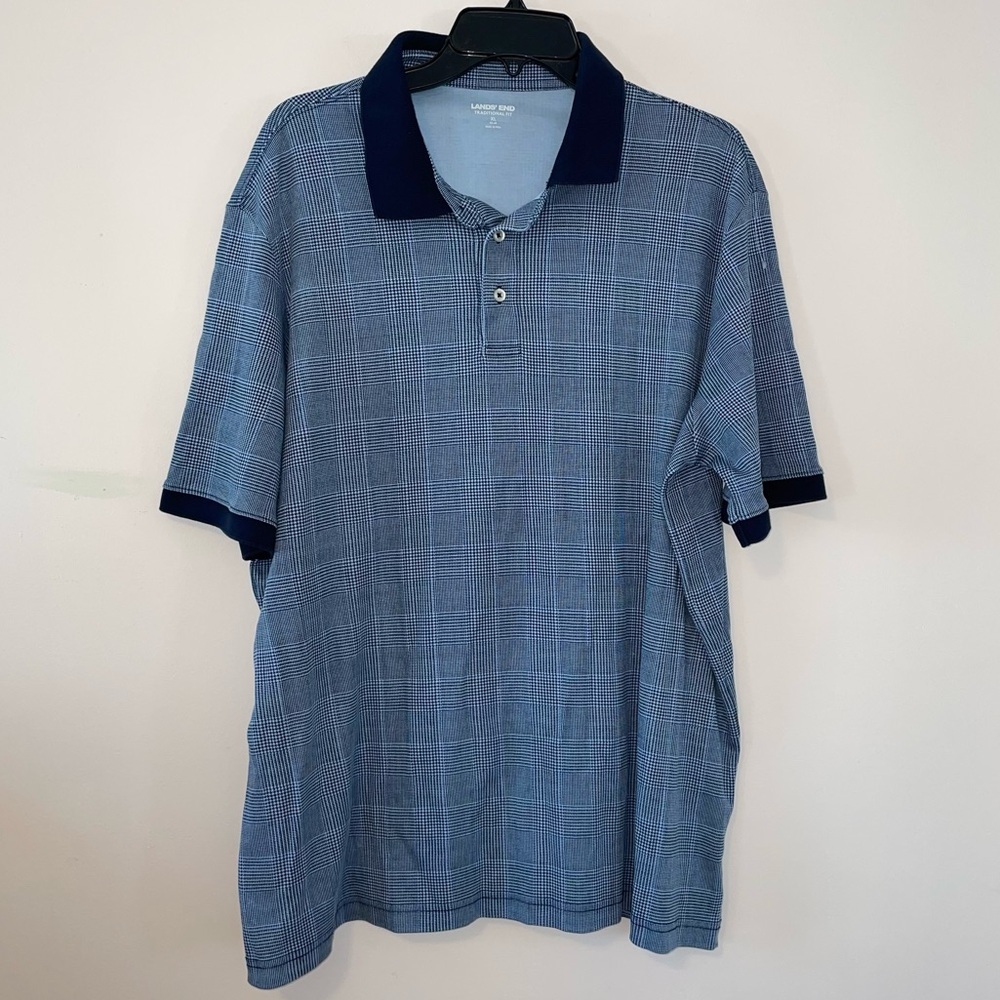 Lands’ End Blue Plaid Cotton Polo Shirt Traditional Fit Size XL